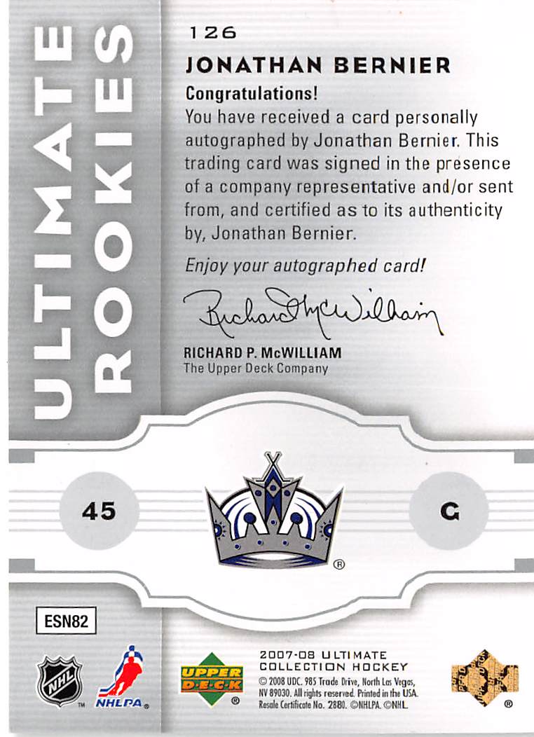 2007-08 Upper Deck Ultimate Collection Jonathan Bernier Autograph /399 Rookie #126 Los Angeles Kings