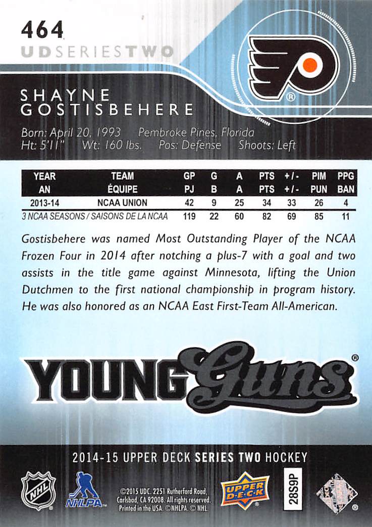 2015-16 Upper Deck Series Two Shayne Gostisbehere Young Guns Rookie #464 Philadelphia Flyers