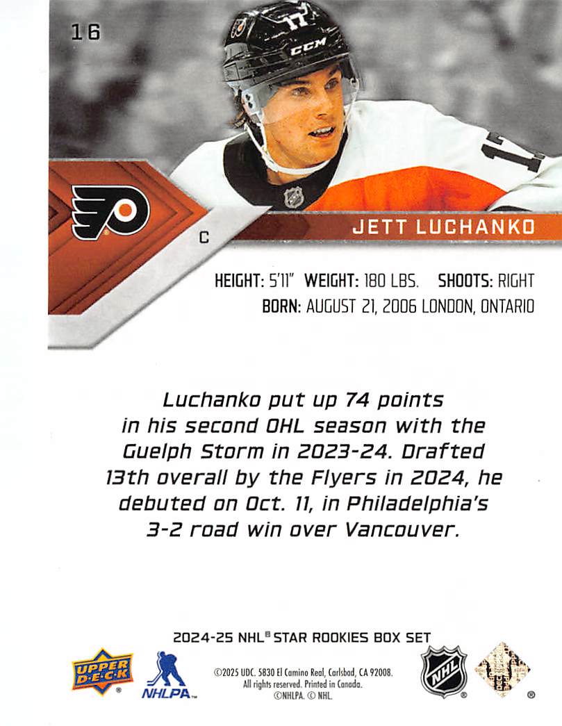 2024-25 Upper Deck Star Rookies Box Set Jett Luchanko #16 Philadelphia Flyers