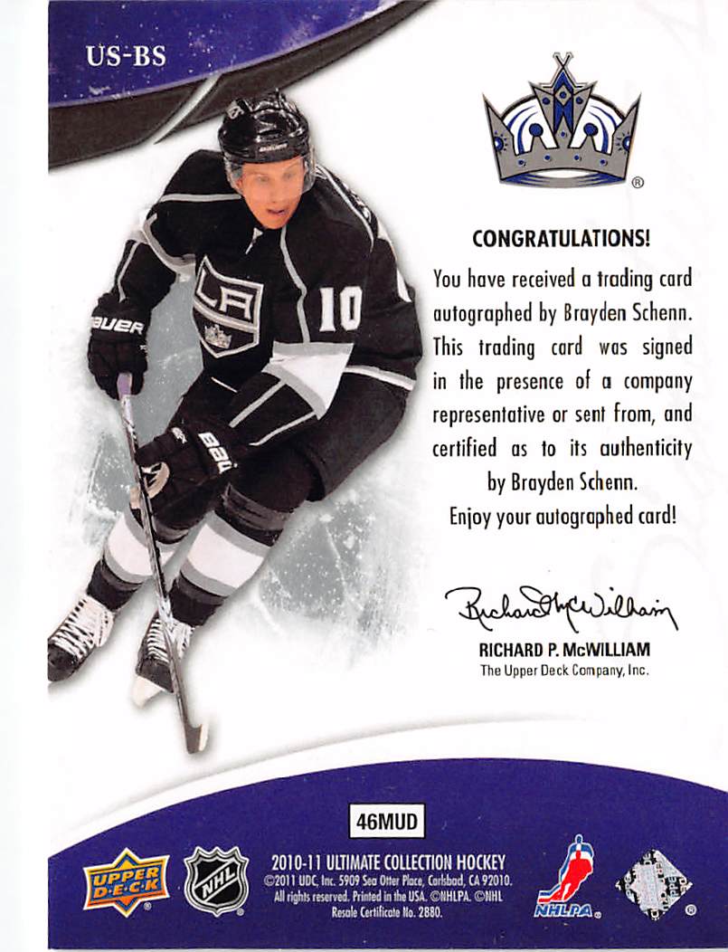 2010-11 Upper Deck Ultimate Collection Ultimate Signatures Brayden Schenn Rookie #US-BS Los Angeles Kings