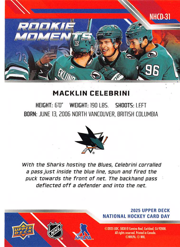 2025 Upper Deck National Hockey Card Day Macklin Celebrini Rookie NHCD-31 Sharks