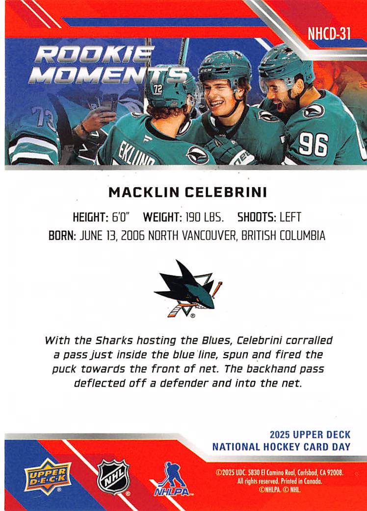 2025 Upper Deck National Hockey Card Day Macklin Celebrini Rookie NHCD-31 Sharks