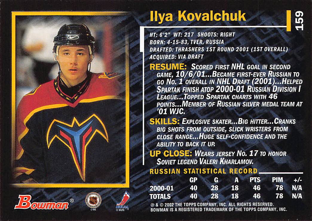 2001-02 Bowman Young Stars Ilya Kovalchuk Rookie #159 Atlanta Thrashers