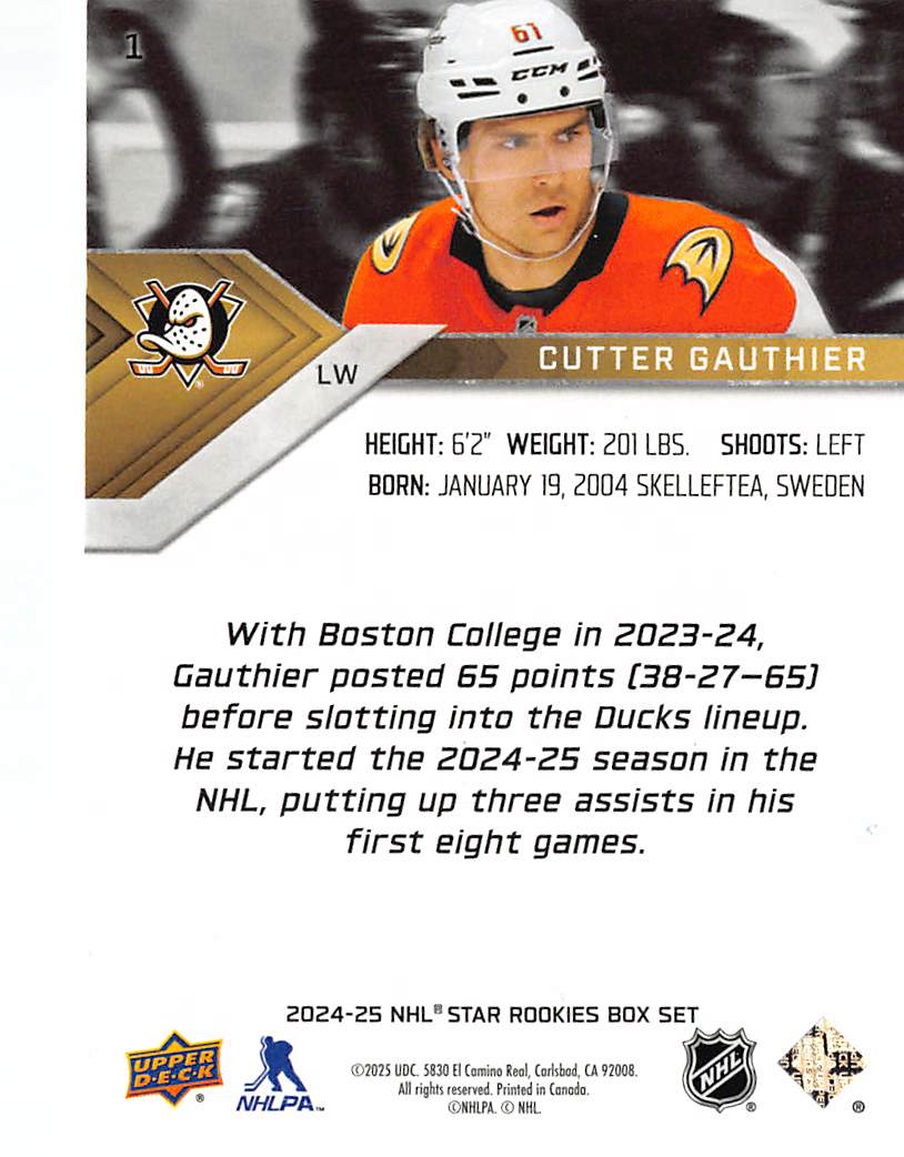 2024-25 Upper Deck Star Rookies Box Set Cutter Gauthier #1 Anaheim Ducks