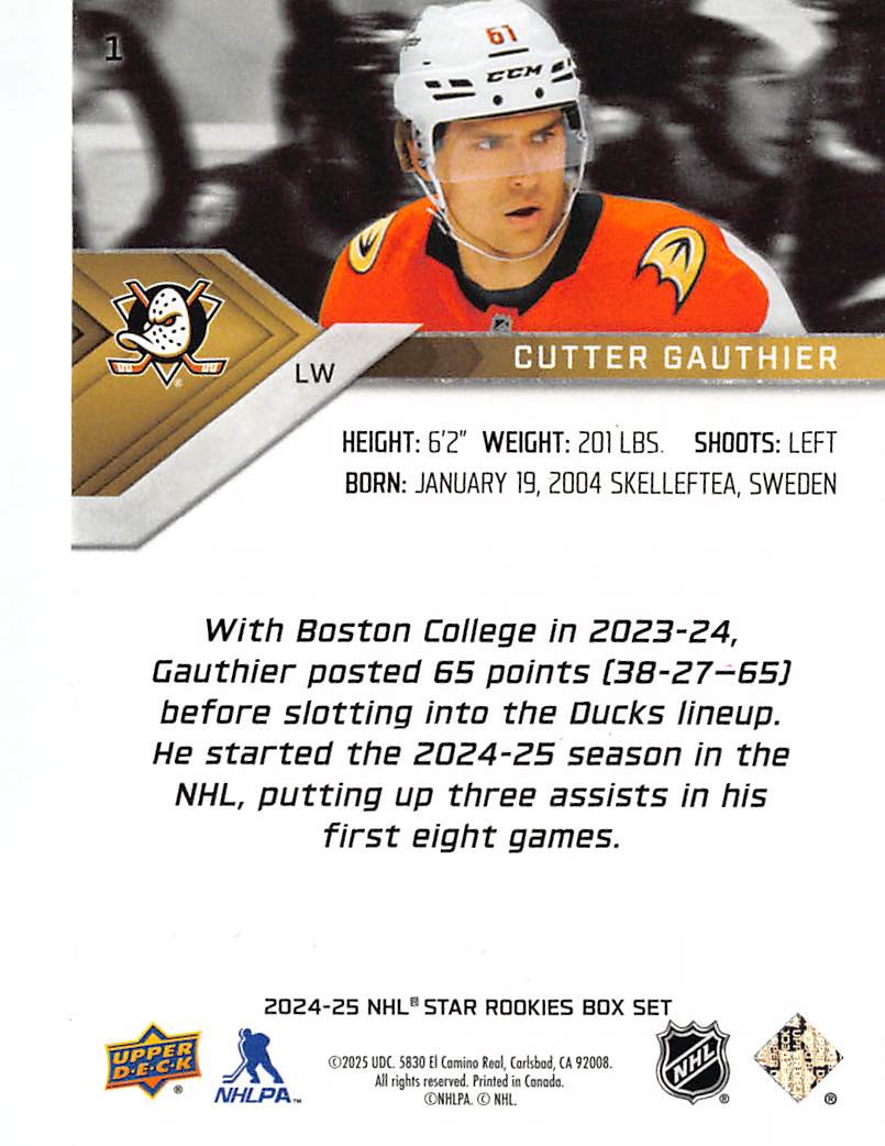 2024-25 Upper Deck NHL Star Rookies Box Set Cutter Gauthier #1 Anaheim Ducks