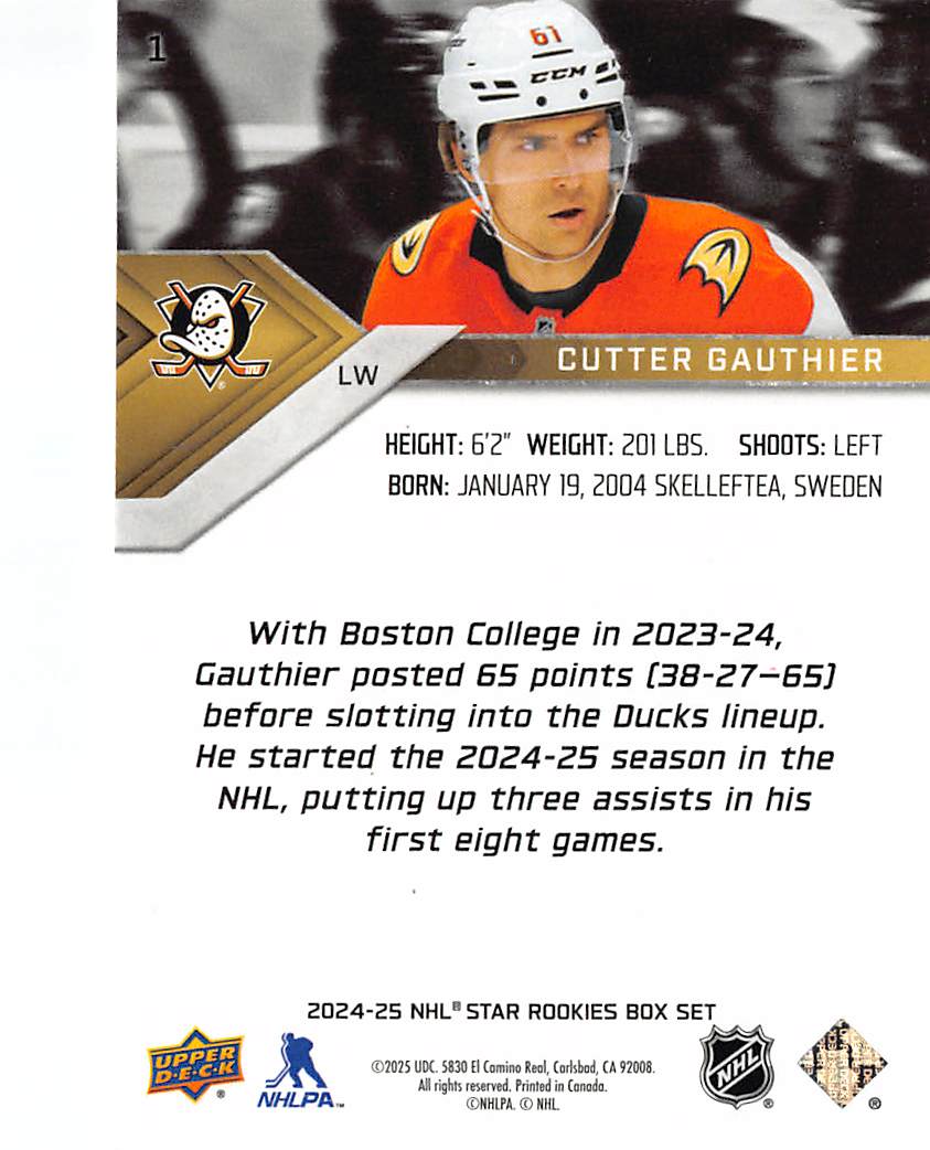 2024-25 Upper Deck Star Rookies Box Set Cutter Gauthier #1 Anaheim Ducks
