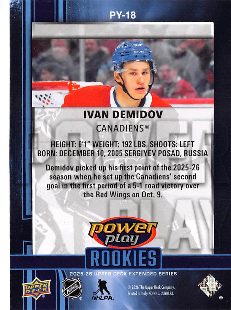 2025-26 Upper Deck Extended Power Play Rookies Ivan Demidov #PY-18 Canadiens