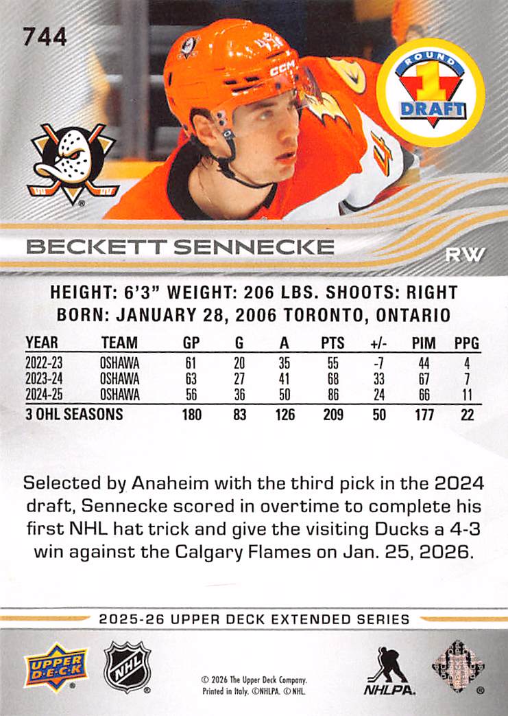 2025-26 Upper Deck Extended Series Beckett Sennecke Rookie #744 Anaheim Ducks