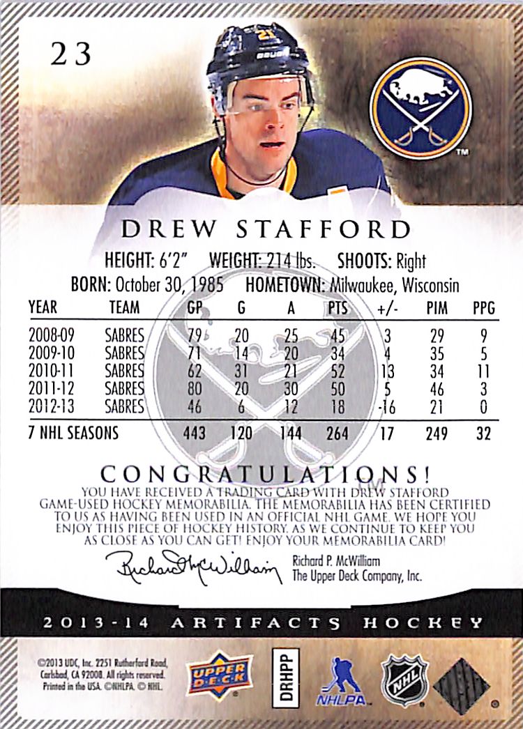 2013-14 Upper Deck Artifacts Drew Stafford /125 Dual Jersey Patch #23 Sabres