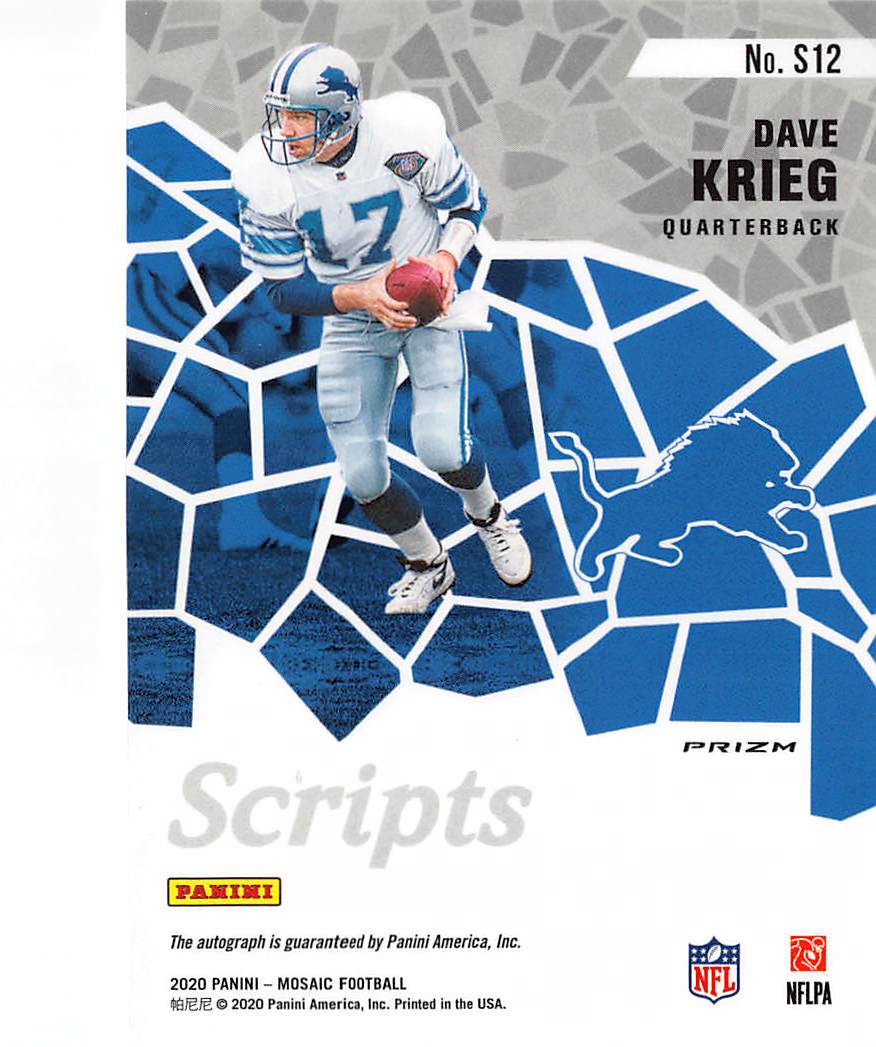 2020 Panini Mosaic Dave Krieg Scripts Auto #S12 Detroit Lions