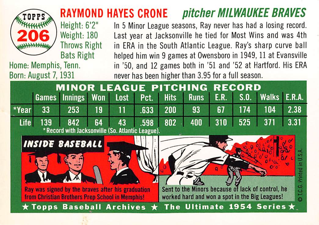 1994 Topps Archives The Ultimate 1954 Series Ray Crone Auto 206 Milwaukee Braves