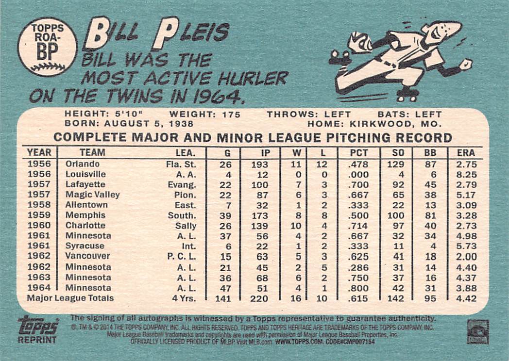 2014 Topps Heritage Bill Pleis Real One Autograph #ROA-BP Minnesota Twins