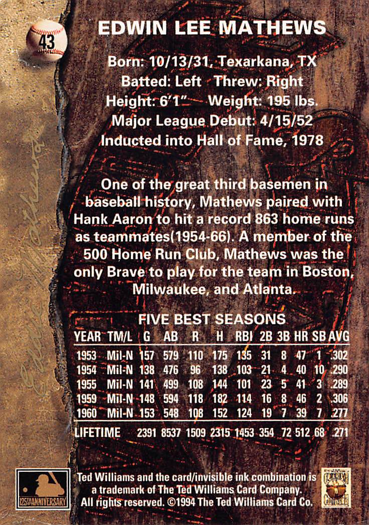 1994 Ted Williams Eddie Mathews Autograph #43 Milwaukee Braves