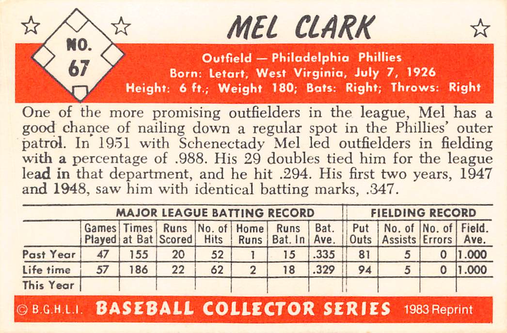1983 B.G.H.L.I. Baseball Collector Series Mel Clark Autograph #67 Phillies