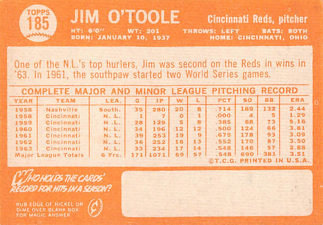 1964 Topps Jim O'Toole Autograph #185 Cincinnati Reds