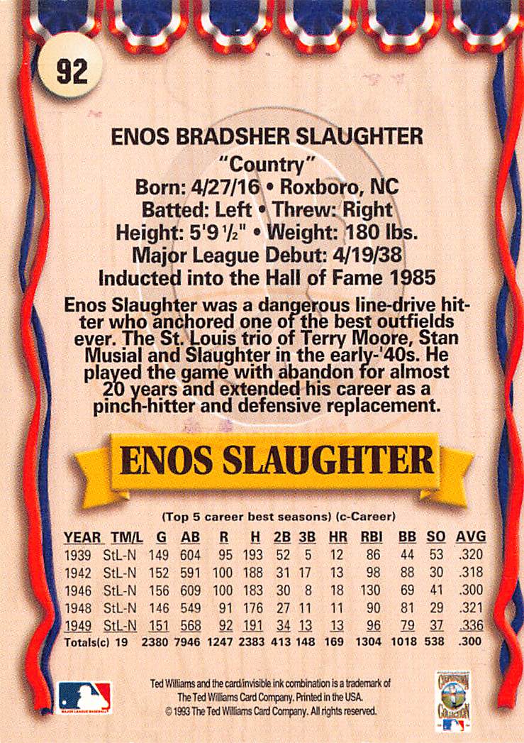 1993 Ted Williams Enos Slaughter Autograph #92 St. Louis Cardinals