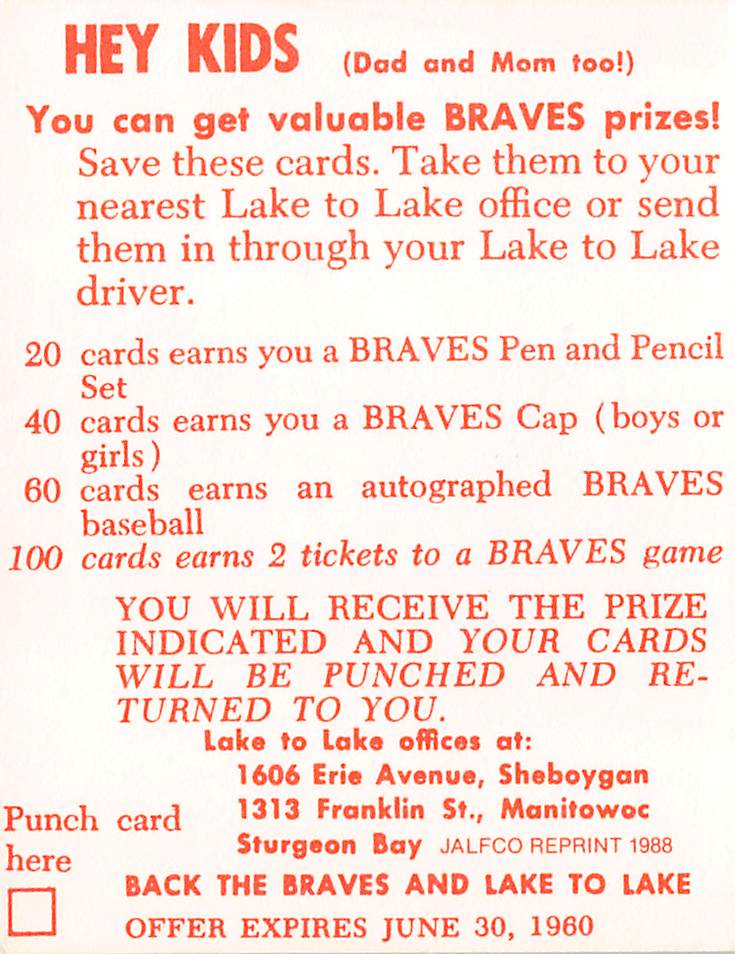 1988 Jalfco Lake to Lake Braves Reprint Frank Torre Autograph Milwaukee Braves