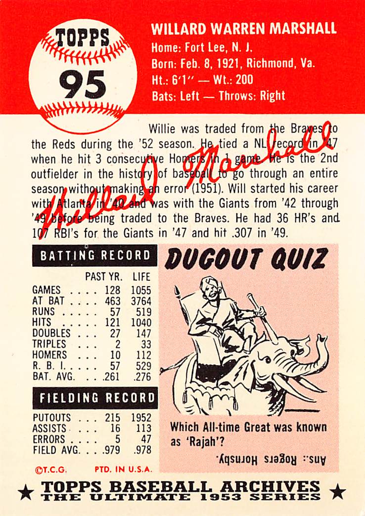 1991 Topps Baseball Archives Ultimate 1953 Willard Marshall Autograph #95 Reds