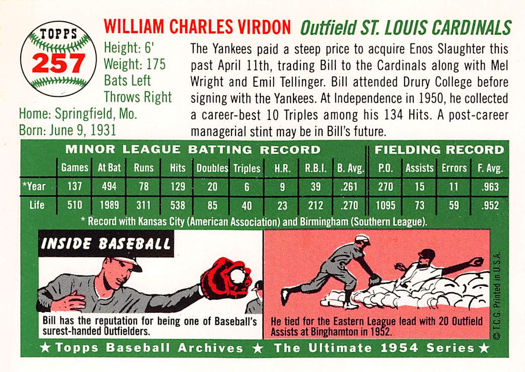 1994 Topps Archives 1954 Bill Virdon Autograph #257 St. Louis Cardinals