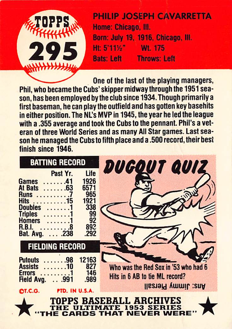 1953 Topps Baseball Archives The 1953 Series Phil Cavarretta Autograph #295 Cubs