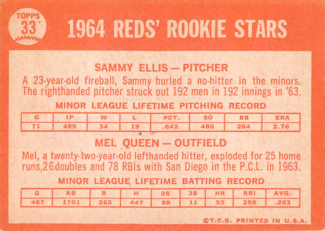 1964 Topps Sammy Ellis Mel Queen Autograph Rookie #33 Cincinnati Reds