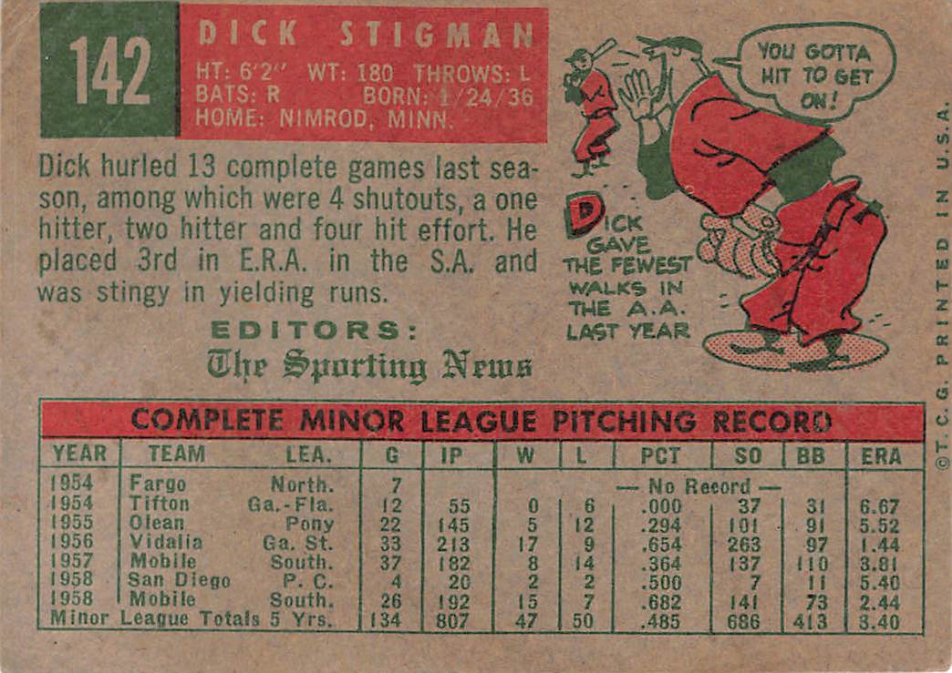 1959 Topps Dick Stigman Autograph Rookie #142 Cleveland Indians