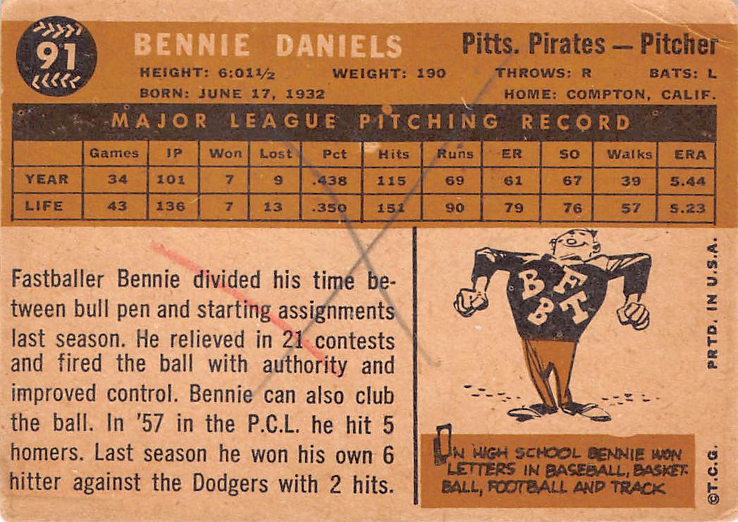 1959 Topps Bennie Daniels Autograph #91 Pittsburgh Pirates
