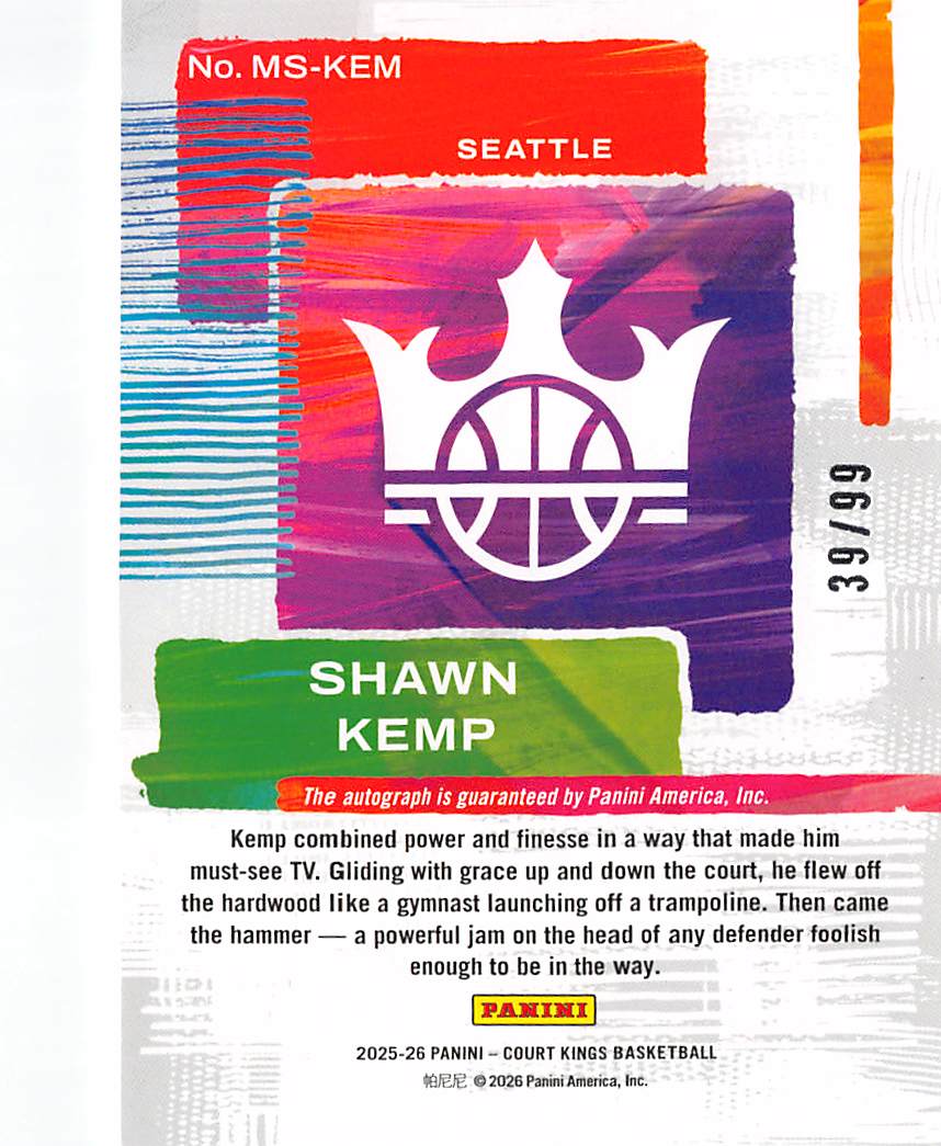 2025-26 Panini Court Kings Shawn Kemp Autograph /99 #MS-KEM Seattle SuperSonics