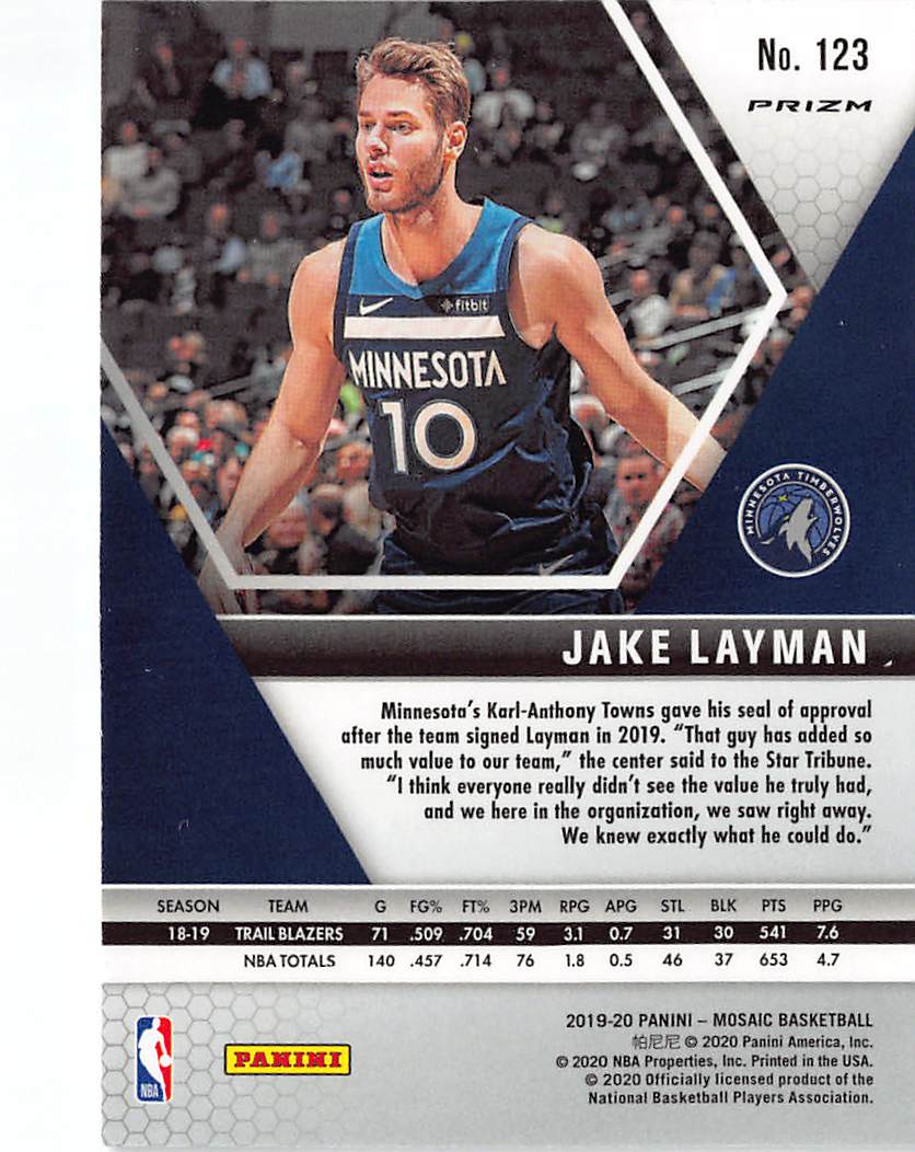 2019-20 Panini Mosaic Jake Layman Genesis #123 Minnesota Timberwolves