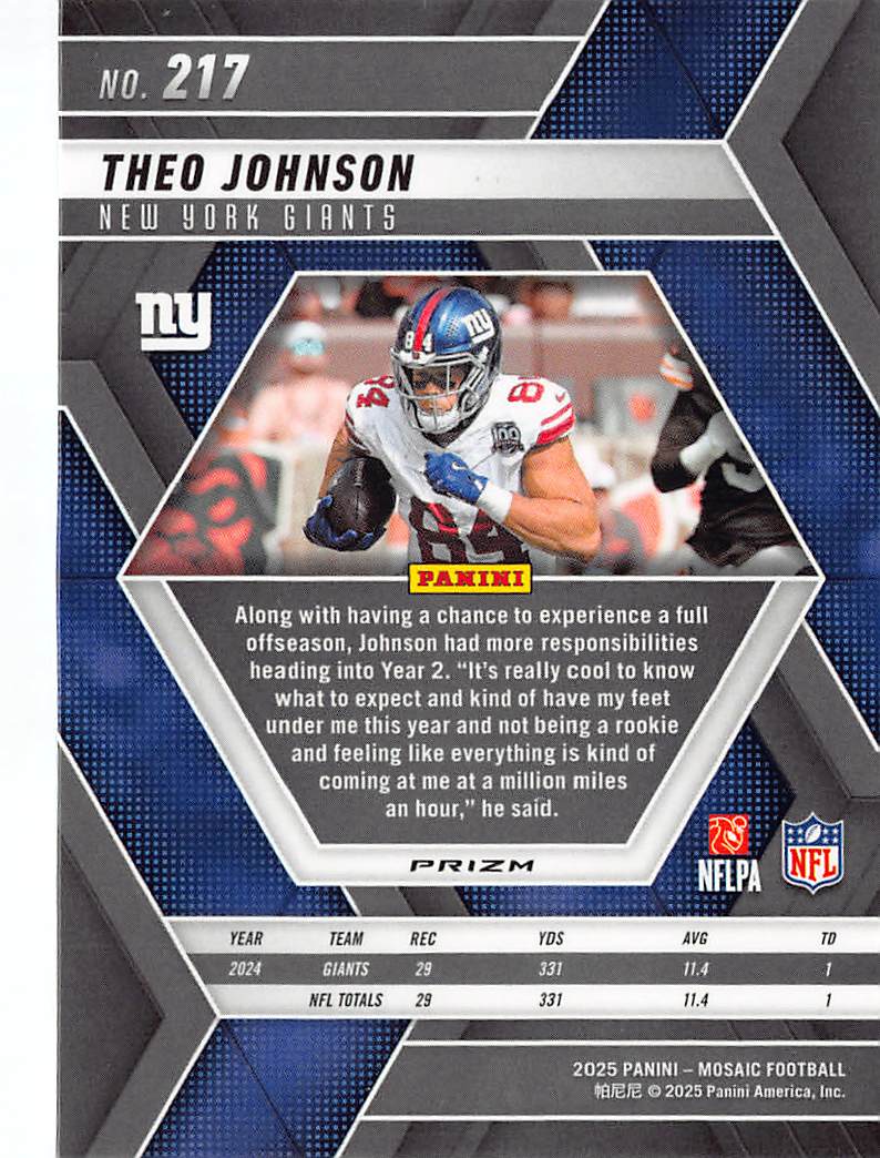 2025 Panini Mosaic Football Theo Johnson Genesis #217 New York Giants