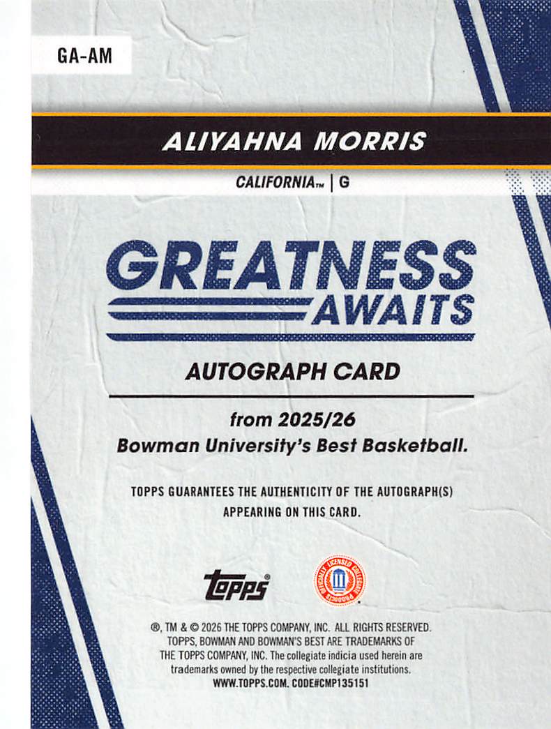2025-26 Bowman University's Best Aliyahna Morris Orange Auto /25 #GA-AM Cal