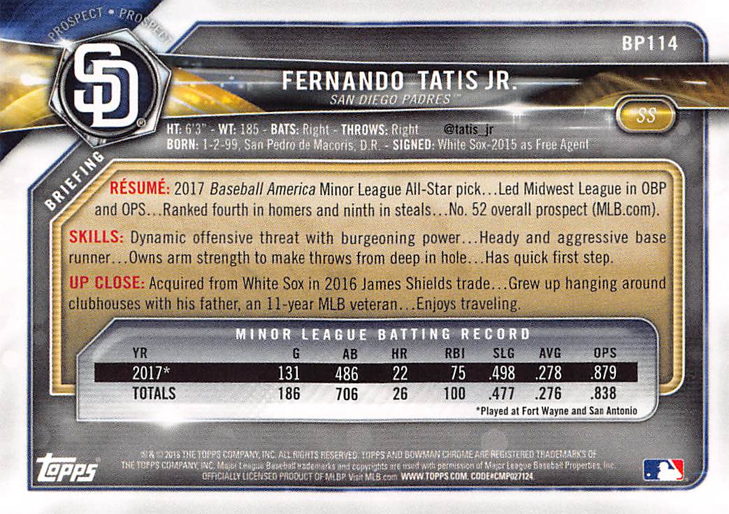 2018 Bowman Fernando Tatis Jr. Sky Blue /499 Rookie #BP114 San Diego Padres