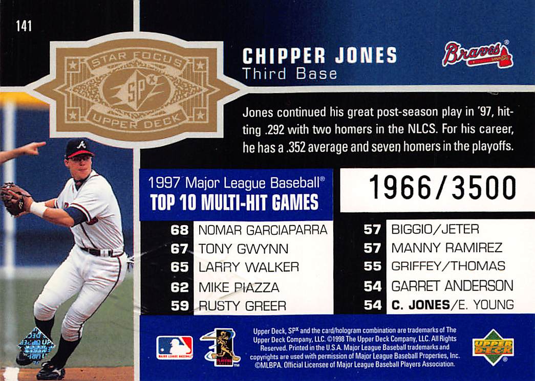 1998 Upper Deck SPx Chipper Jones Radiance 1966/3500 #141 Atlanta Braves