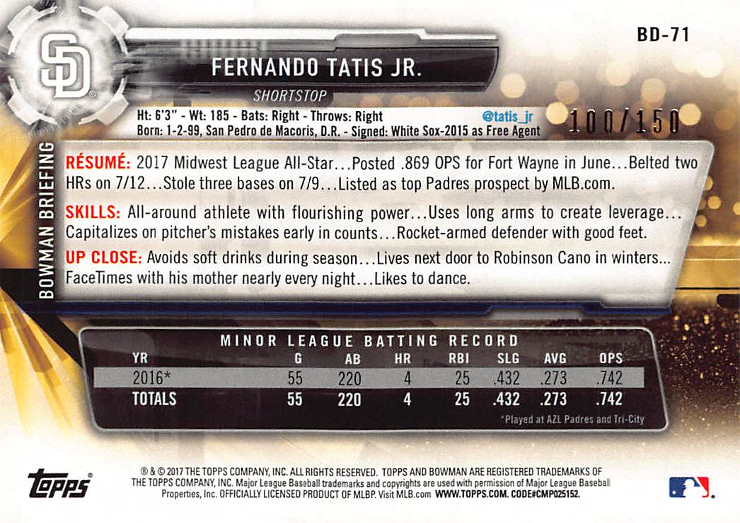 2017 Bowman Draft Fernando Tatis Jr. Blue /150 Rookie #BD-71 San Diego Padres