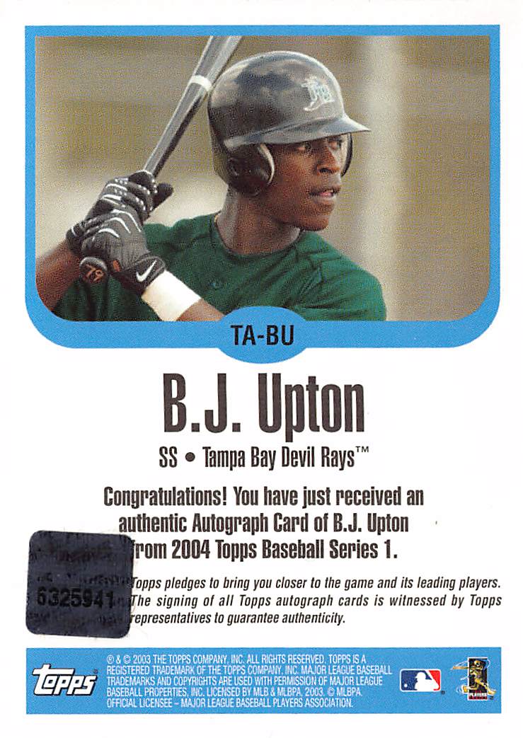 2003 Topps B.J. Upton Autograph #TA-BU Tampa Bay Devil Rays