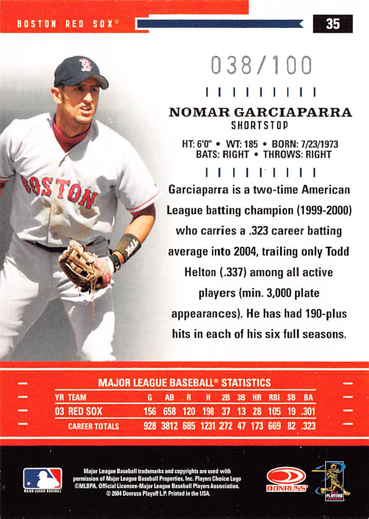 2004 Donruss Throwback Threads Nomar Garciaparra Foil /100 #35 Boston Red Sox