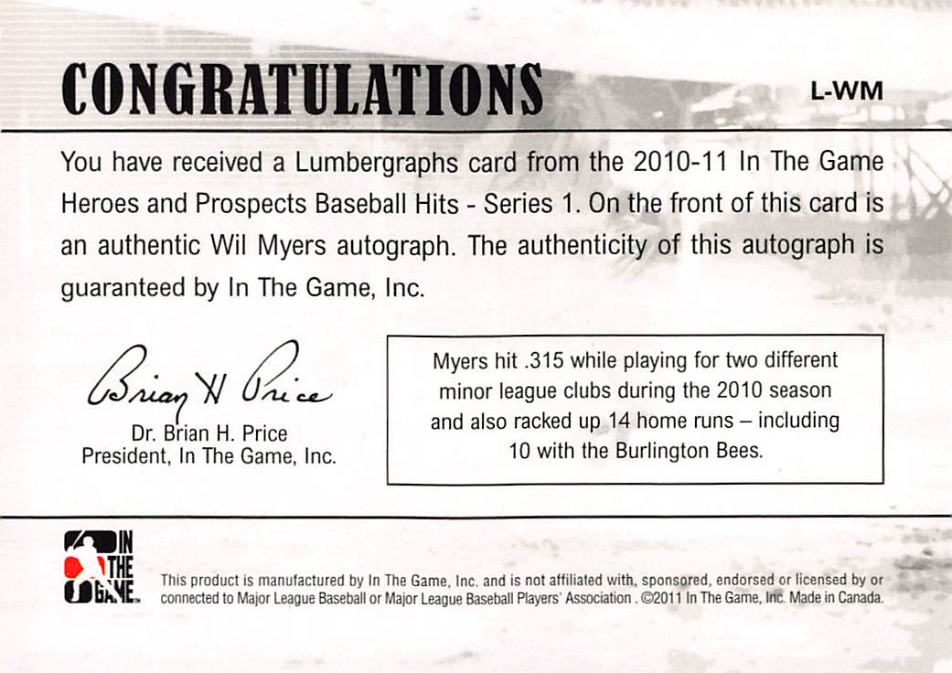 2011 In The Game Heroes and Prospects Wil Myers Lumbergraphs #L-WM