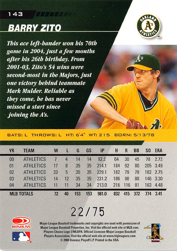 2004 Donruss Leaf Barry Zito Press Proof Blue /75 #143 Oakland Athletics