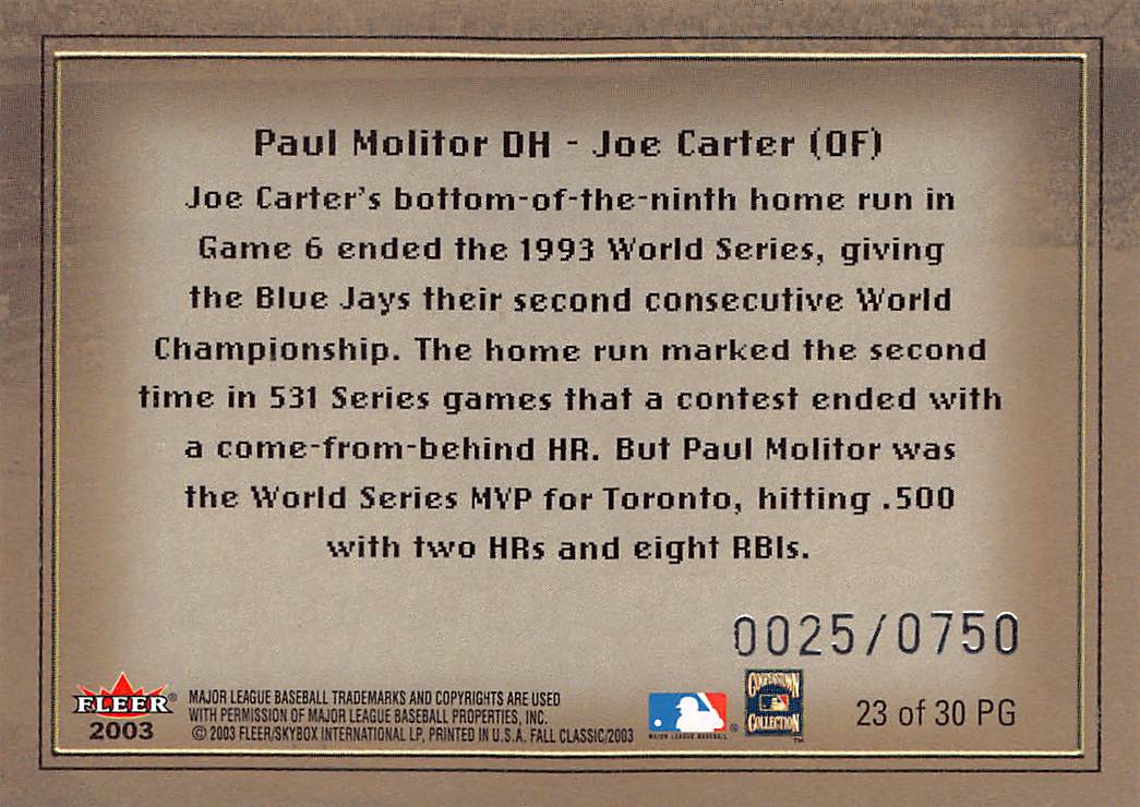 2003 Fleer Fall Classic Postseason Glory Joe Carter Paul Molitor /750 #23
