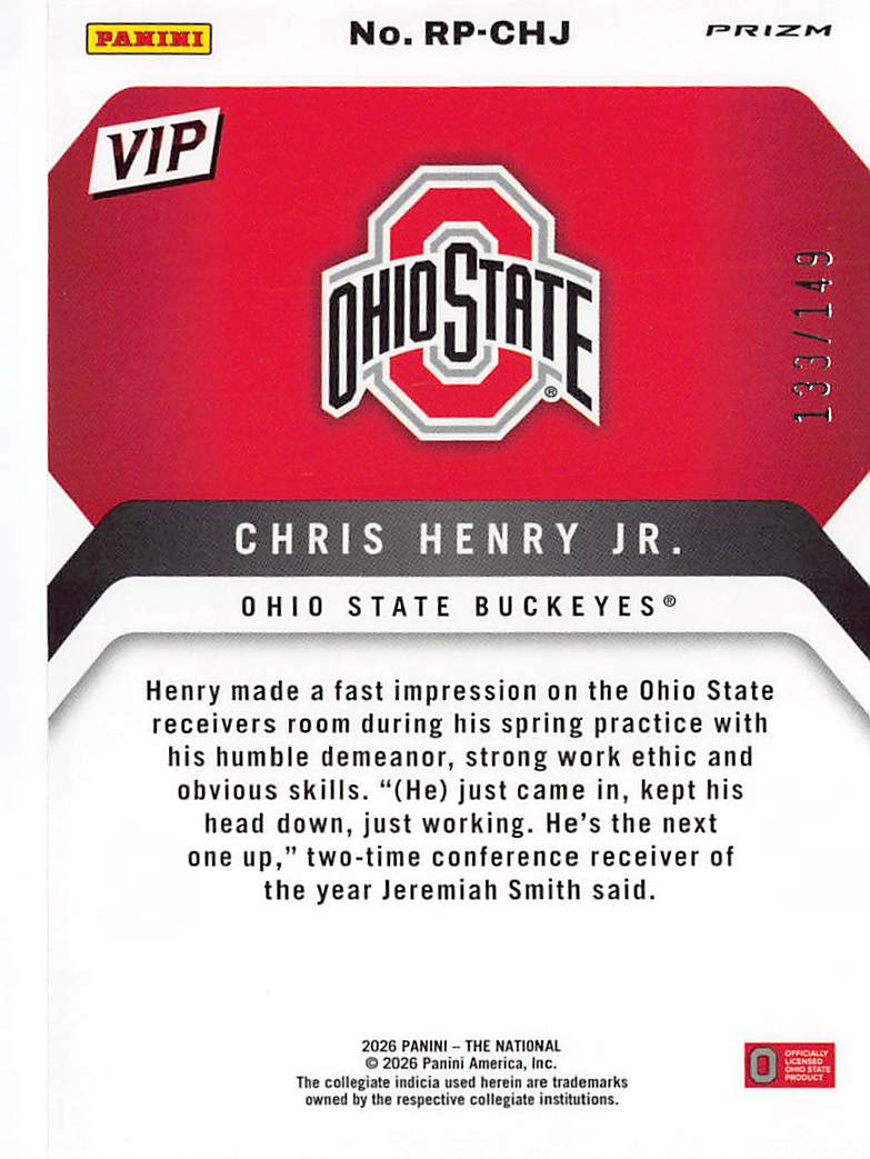 2026 Panini The National VIP Chris Henry Jr. Purple /149 Rookie #CHJ Ohio State