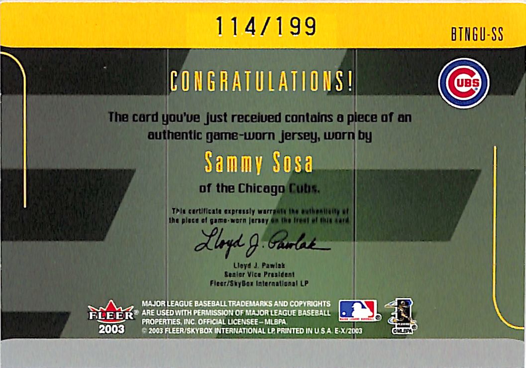2003 Fleer E-X Behind the Numbers Sammy Sosa /199 Game-Worn Patch #BTNGU-SS Cubs