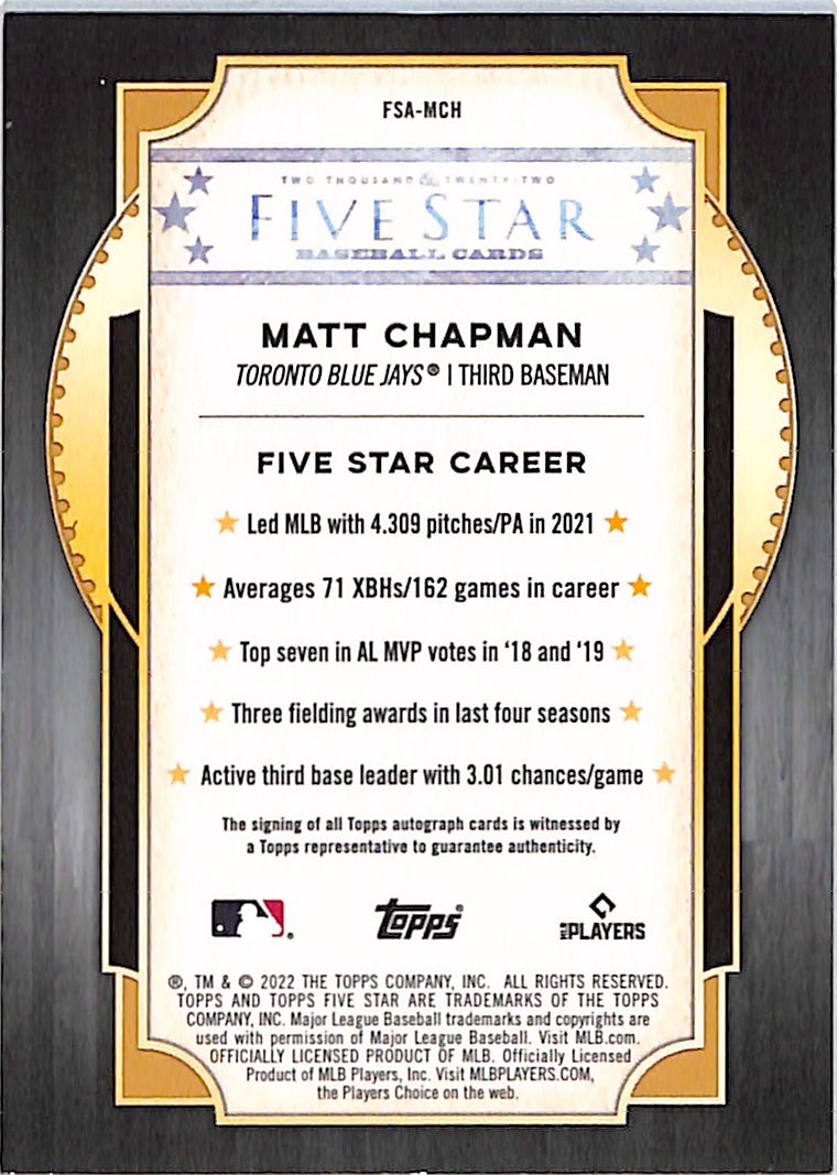 2022 Topps Five Star Matt Chapman Autograph #FSA-MCH Toronto Blue Jays