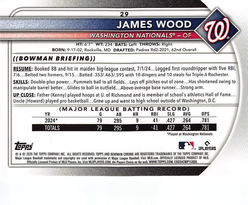 2025 Topps Bowman Chrome James Wood Blue Geometric /150 Rookie RC #29 Nationals