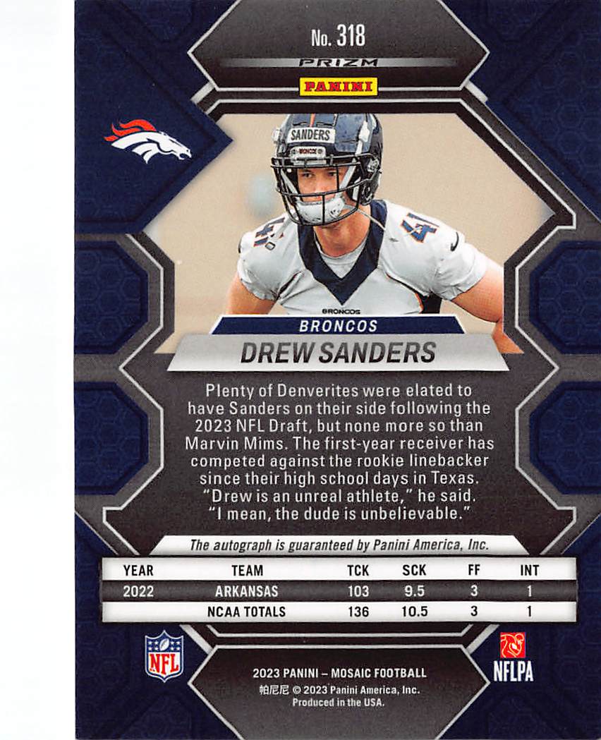 2023 Panini Mosaic Drew Sanders Red Yellow Fusion Auto Rookie RC #318 Broncos