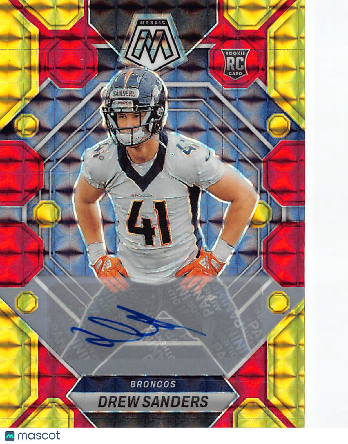 2023 Panini Mosaic Drew Sanders Red Yellow Fusion Auto Rookie RC #318 Broncos