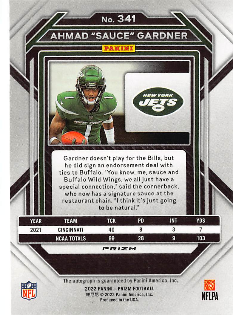 2023 Panini Prizm Football Ahmad "Sauce" Gardner Rookie Auto RC #341 Jets