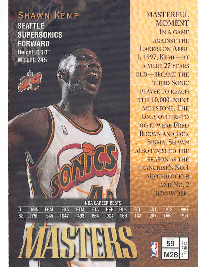 1997 Topps Finest Shawn Kemp Refractor #59 Seattle SuperSonics