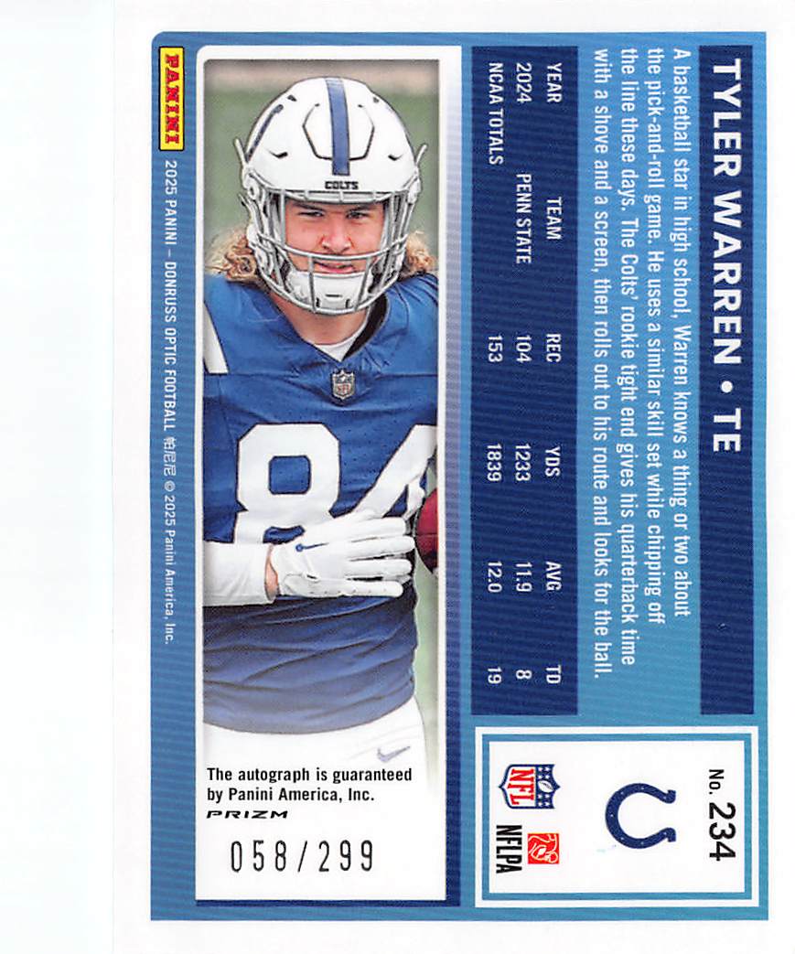 2025 Panini Donruss Optic Football Tyler Warren Aqua Auto /299 Rookie #234 Colts