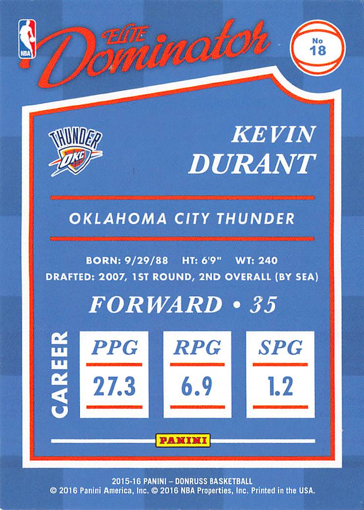 2015-16 Panini Donruss Kevin Durant Elite Dominator /999 #18 Thunder
