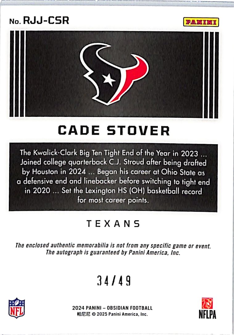 2025 Panini Obsidian Cade Stover /49 Rookie RC Auto Patch #RJJ-CSR Texans